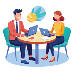 Partners meeting for business discussion with documents and laptop on desk. Couple at round table, speaking, discussing work, partnership. Flat vector on a white background