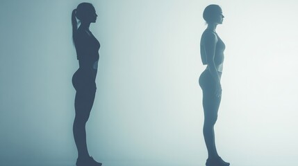 Silhouette of fitness transformation showcasing before and after workout progress in a studio setting. Generative AI