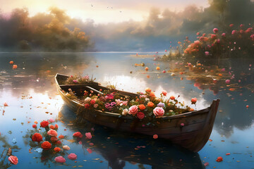 Obraz premium Old boat full of flowers at a lake