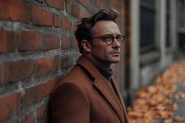 Stylish Brutalist-Inspired Man in Brown Coat Walking Through Autumn City Streets