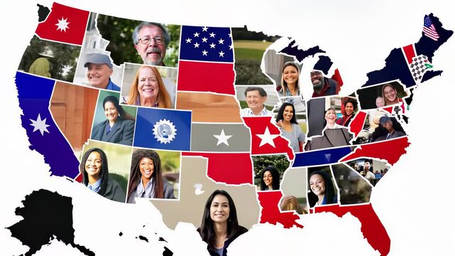 Diverse Faces and Cultural Symbols Integrated into United States Map. Concept of multiculturalism, diversity, unity, representation, inclusion, and American identity. Happy People in Unity