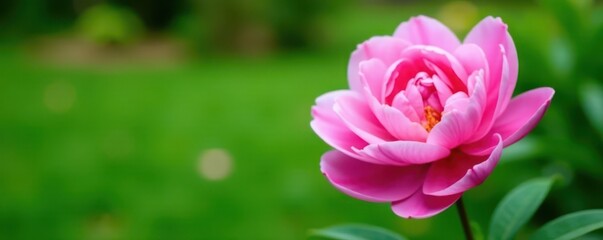 Obraz premium Close-up of a single large pink peony flower with lush green leaves in a garden setting, blooms, plant details, leaves