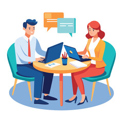 Partners meeting for business discussion with documents and laptop on desk. Couple at round table, speaking, discussing work, partnership. Flat vector on a white background