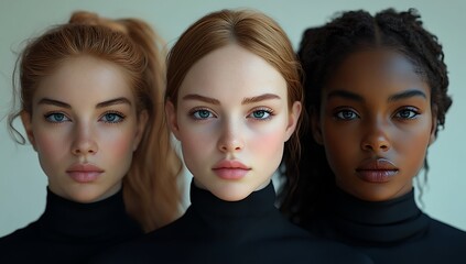 Three Individuals in Black Tops with Focus on Hairstyles and Posture