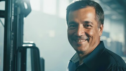 Smiling Middle-Aged Male Professional in Industrial Workplace Setting with Positive Attitude and Confidence. Concept of skilled labor, career success, dedication, hard work, experience, teamwork