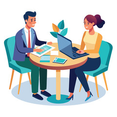 Partners meeting for business discussion with documents and laptop on desk. Couple at round table, speaking, discussing work, partnership. Flat vector on a white background