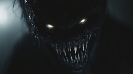 the dark silhouette showing only teeth smiling and eyes glowing in darkness, blurry
