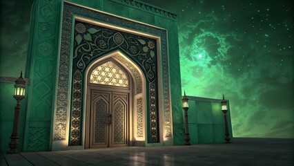 A stunning Islamic archway with golden and green floral patterns, framed by a richly textured background
