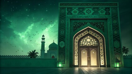 A stunning Islamic archway with golden and green floral patterns, framed by a richly textured background