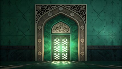 A stunning Islamic archway with golden and green floral patterns, framed by a richly textured background