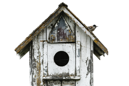 Historical birdhouse with aged wood and nostalgic vintage style isolated on transparent background
