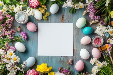 Beautiful Easter egg decorating station with brushes, jars, and festive spring flowers