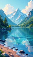 A serene and calm mountain lake with waves gently lapping at the shore, created with colorful paper art, gently, serene