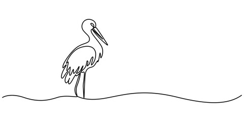 Obraz premium Continuous line drawing of stork. Template for your design works. Vector illustration, heron, egret flapping its wings, side view. birds with continuous one line drawing. editable stroke. minimal pro.