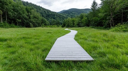 Winding boardwalk path through grassy meadow, mountains background, nature walk