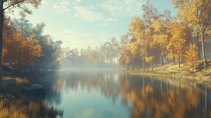 Obraz premium Vibrant Autumn Foliage Landscape with Calm Lake and Towering Trees in Misty Morning Light