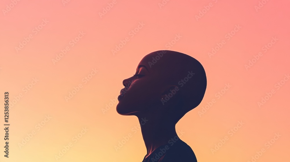 Poster silhouette of a person with bald patches against a vibrant sunset sky at dusk. generative ai