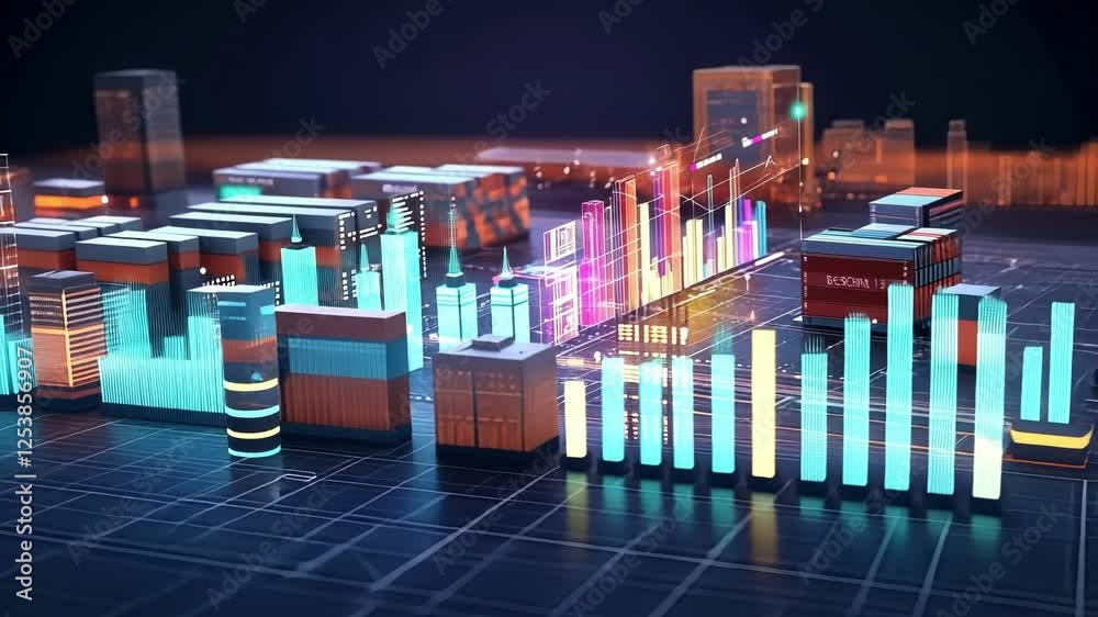 Poster futuristic logistics management system analyzing cargo data and displaying vibrant charts and graphs