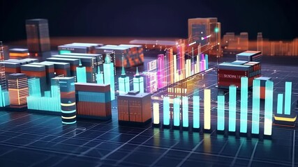 Futuristic logistics management system analyzing cargo data and displaying vibrant charts and graphs on a digital interface, representing efficient supply chain operations