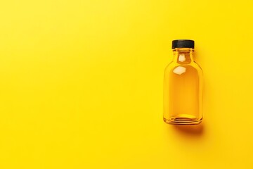Bright yellow background highlights glass bottle filled with gol
