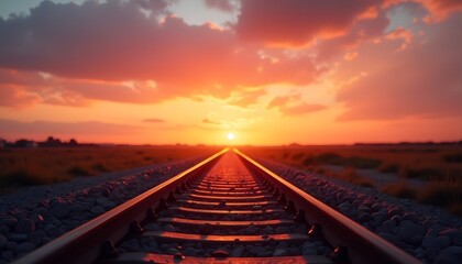 Railroad Perspective with Golden Hour Colors and Open Fields