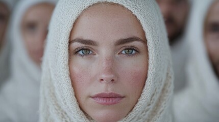 Woman in headscarf, serious expression, group portrait, possible use social commentary or cultural study