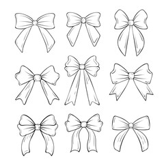 Set of hand-drawn bows. Outlined bows in different styles for gift tags, greeting cards, scrapbooking, design elements, patterns, coloring pages. Editable, customizable, isolated.