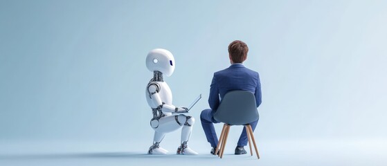 robot interviewing a Business Person for a Job