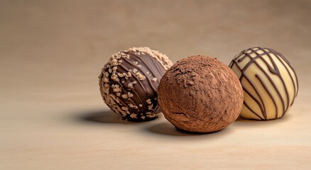 Delicious chocolate pralines resting on wooden table