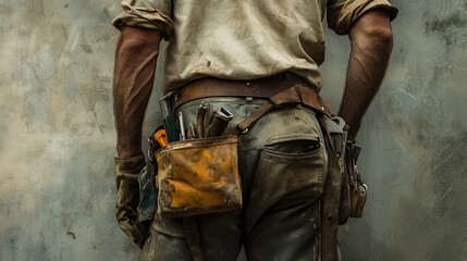 Back view of a construction worker with dirty work clothes and tools.