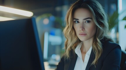 Confident Young Businesswoman Working at Her Modern Desktop Computer, Focused and Determined, Projecting Success and Professionalism in a Bright,     