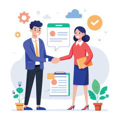 People shaking hands at work - Two businesspeople, man and woman doing handshake in office at work while smiling over business agreement and deal. Flat design stock illustration on white background