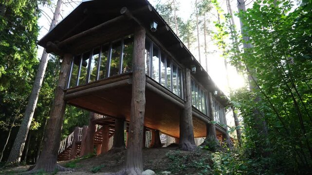 Russia-style wooden cabin house in the woods illustration