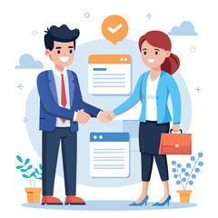 People shaking hands at work - Two businesspeople, man and woman doing handshake in office at work while smiling over business agreement and deal. Flat design stock illustration on white background
