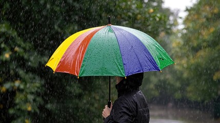 Person with colorful umbrella in rain