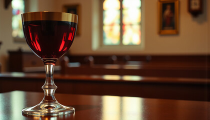 Close-up of a chalice with wine, with light reflecting off the liquid, set against a softly blurred church interior, Maundy Thursday