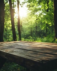 Wooden Table in Enchanted Green Forest with Blurred Tree Background
