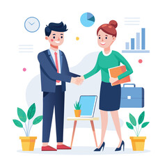 People shaking hands at work - Two businesspeople, man and woman doing handshake in office at work while smiling over business agreement and deal. Flat design stock illustration on white background