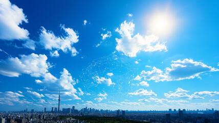 panoramic view of vibrant city skyline under bright blue sky filled with fluffy clouds, showcasing digital network overlay symbolizing connectivity and technology