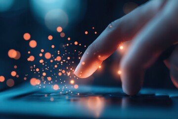 finger touching laptop with particles effect