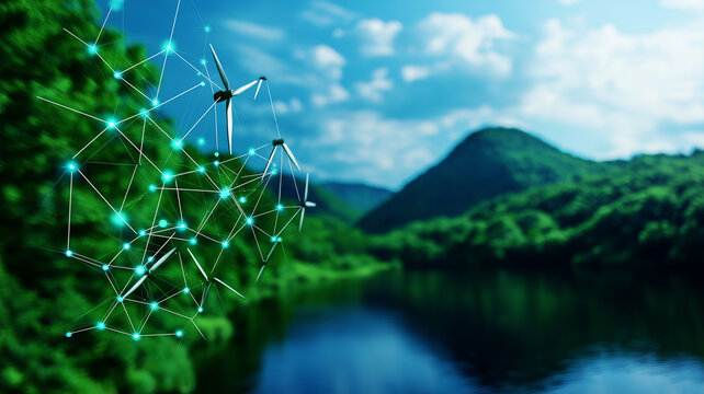 Digital world map with global network and sustainable energy concepts, featuring wind turbines and serene landscape. This evokes sense of innovation and environmental harmony - Powered by Adobe