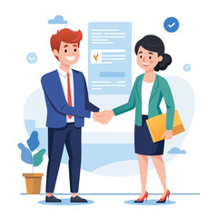 Fototapeta premium People shaking hands at work - Two businesspeople, man and woman doing handshake in office at work while smiling over business agreement and deal. Flat design stock illustration on white background