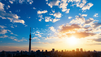 Futuristic skyline with digital technology and sunset over cityscape