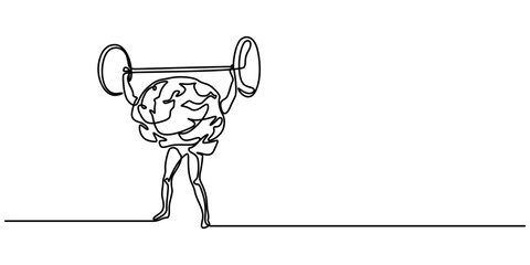 Obraz premium Train Your Brain Concept, Single continuous line drawing of strong muscular human brain lifting barbell logo label. Fresh smart health character logotype icon concept. Modern one line draw graphic pro