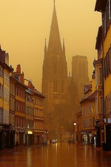 Fototapeta premium Foggy cathedral square with towering spires vanishing into the mist creating a mystical atmosphere