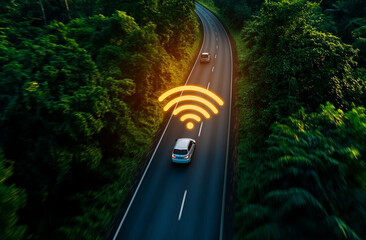 Smart road traffic control system concept with vehicles on highway surrounded by greenery, showcasing connectivity and modern technology