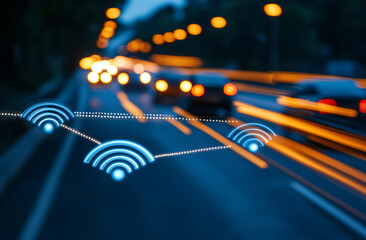Smart road traffic control system concept with vehicles and connectivity. image illustrates integration of technology in urban traffic management, enhancing safety and efficiency