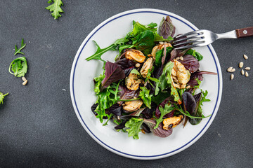 Mussel salad mix of leaves salad and seafood fresh tasty food dish delicious gourmet food background on the table rustic food top view copy space keto and paleo diet Vegetarian food pescetarian diet