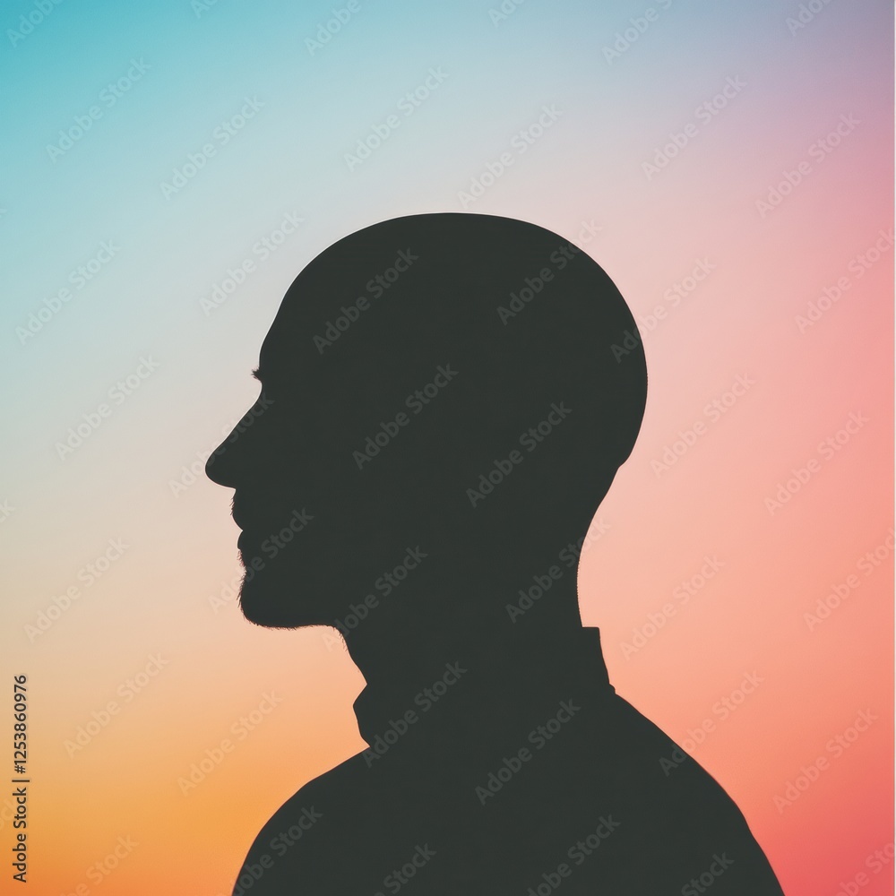 Poster silhouette of a person with bald patches against a pastel sunset sky during early evening hours. gen