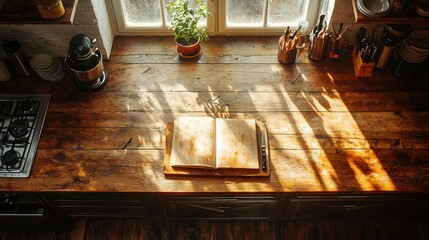 Rustic kitchen countertop, cookbook open, sunlight